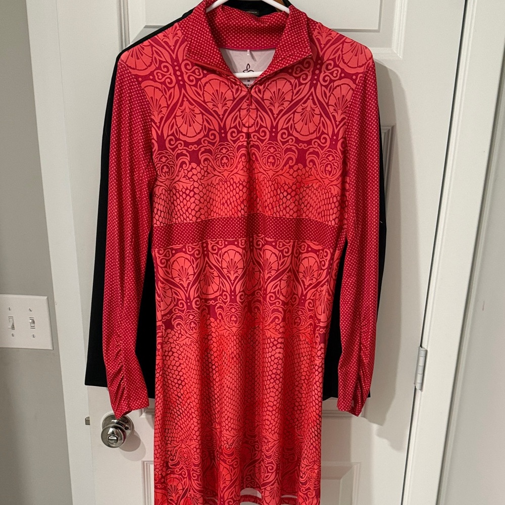 Prana Red Long Sleeve Dress fit and flare V neck zipper M Medium groovy knee